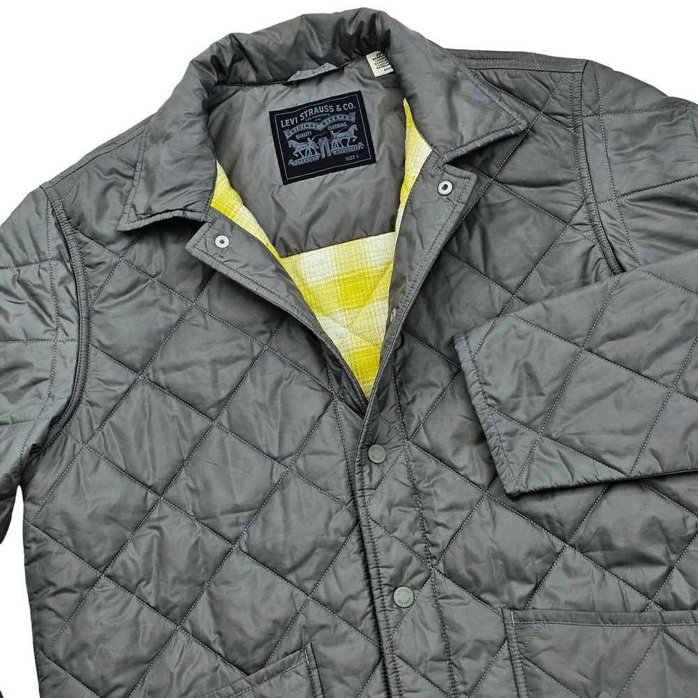 Levi Strauss & Co Quilted Jacket Mens S Gray Yellow Plaid Lined Outdoor Gorpcore